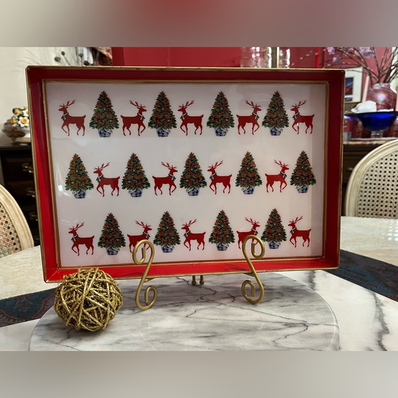 Jaye's Studio + WH Hostess Reindeer Enameled Tray w gold feet & edging Xmas - Picture 4 of 12